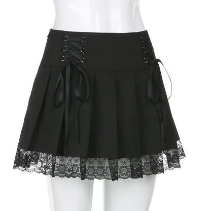 Girl Retro Pleated Skirt Lace Up High Waist Plaid Mesh Stitching Hem Y2K Aesthetic Gothic Black Mini Skirts Bodycon.