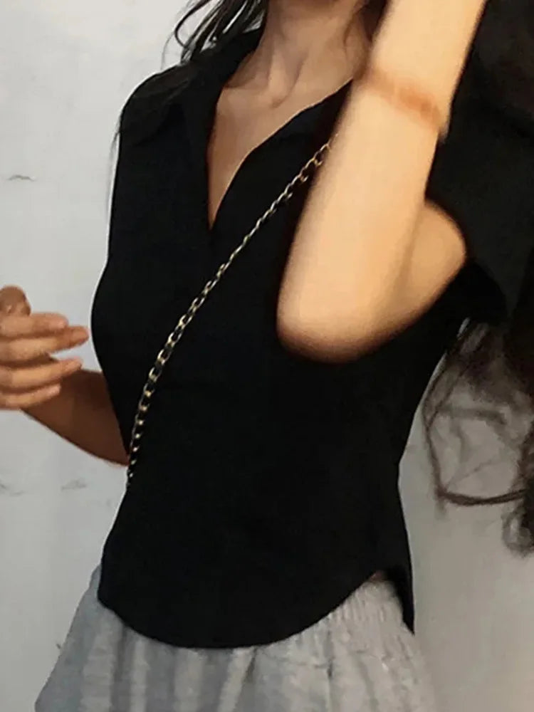 Summer Short Sleeve Lapel Top Women'S Solid V-Neck Pullovers Retro Sweet Shirts Hot Girl Crop Top Female Slim Versatile Tee.