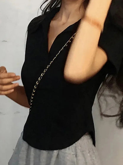 Summer Short Sleeve Lapel Top Women'S Solid V-Neck Pullovers Retro Sweet Shirts Hot Girl Crop Top Female Slim Versatile Tee.