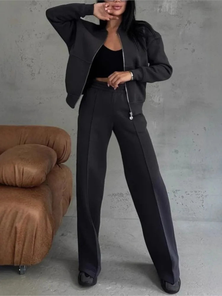 Women Tracksuit 2 Pieces Set Fashion Long Sleeve Zipper Coat Casual Solid Sweatshirt Straight Pants Suit Ladies Autumn Sportwear.