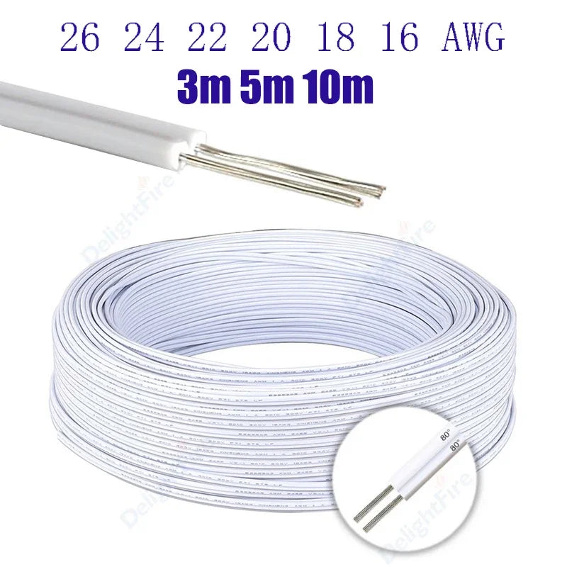 2pin 5V 12V Electrical Wire 26 24 22 20 18 AWG White Grey Tinned Copper Insulated PVC Extension Cable for Auto Speaker LED Strip.