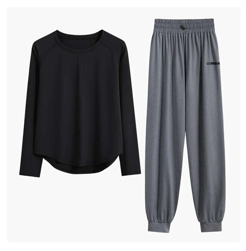 DRUR 2pcs Running Set Women Tracksuit Lightweight Loose Long Sleeve Sport Shirt Pants Sets 2 Piece Sportswear Outfit Gym Clothes.