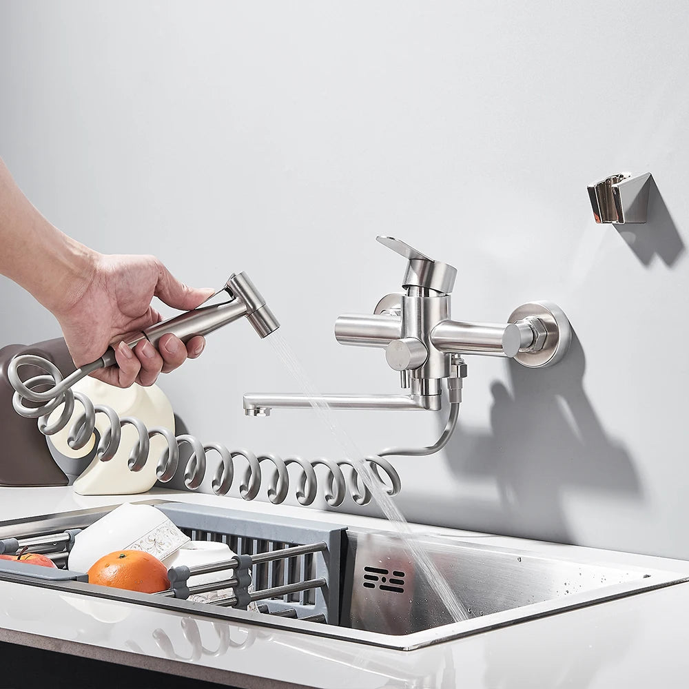 Kitchen Faucets Stainless Steel Wall Mounted Multifunctional Bathroom Basin Faucet Hot Cold  Water Mixer Taps With Spray Gun