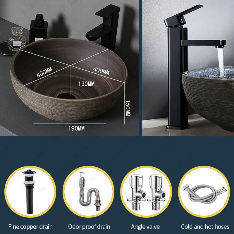 Braunes Keramikgefäß, Waschbecken, Waschtisch, Schüssel, ovaler Badezimmertisch, Waschbecken, Toilette, Balkon, Kunstbecken, über der Theke, Sockelwaschbecken