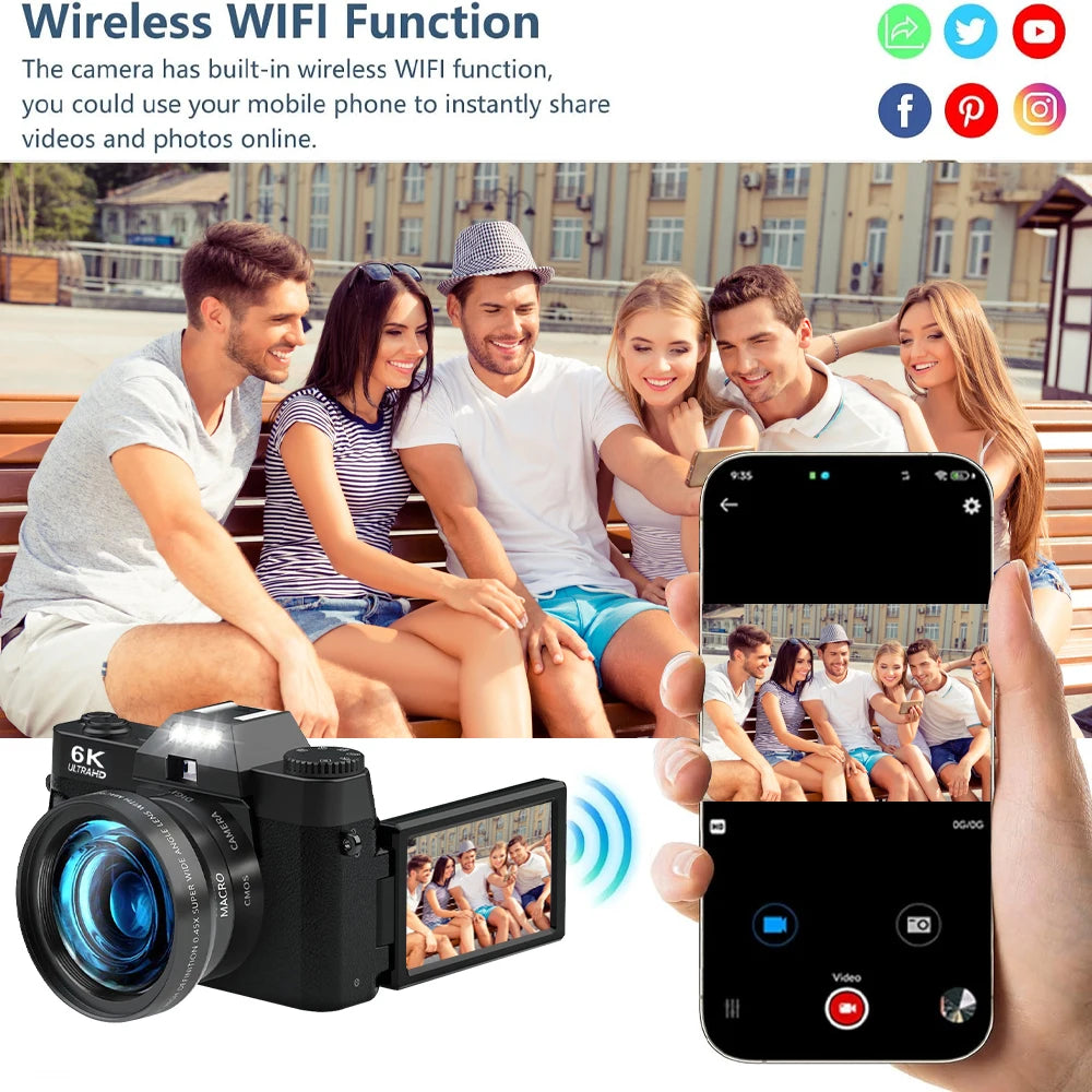 Ourlife 6K Compact Digital Photography Camera 64MP 16X Digital Zoom 180° Flip Screen WiFi Vintage Vlog Video Recorder YouTube.