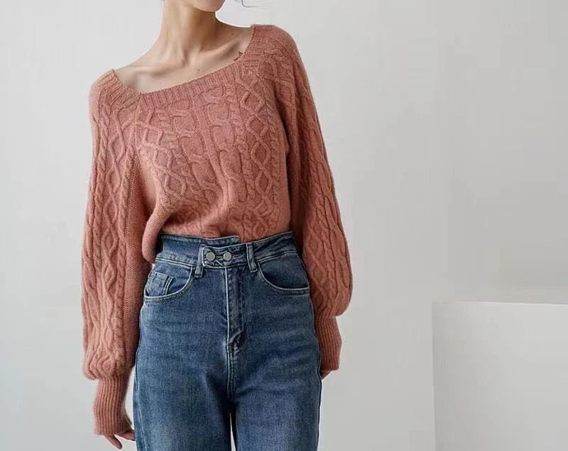 Frauen Square Neck Verdicken Rippe Pullover Laterne Hülse Lose Büro Stricken Pullover Frauen Herbst Winter Casual Feste Warme Pullover.