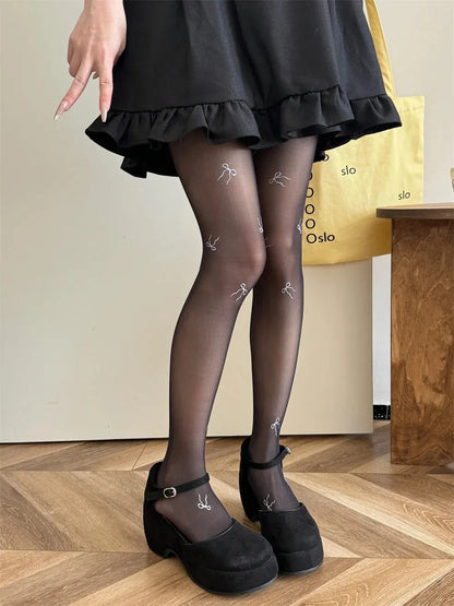 High-Tube Lace Butterfly Knot Print Long Stockings Women's Black Silk White Silk Thigh-high Socks Thin Leggings Over-Knee Socks.
