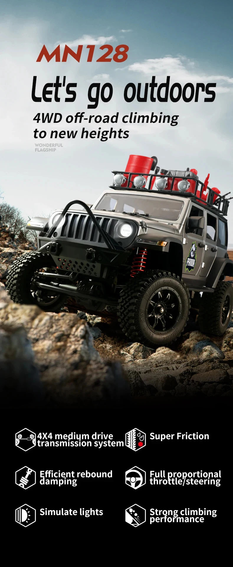 1/12 MN128 RC Car 4WD Jeep Model 2.4G Remote Control LED Light 4X4 Off Road 4WD Climbing RC Truck Electric Toy Car Gift for Boy.