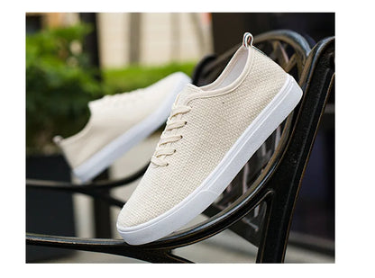 Men's Canvas Shoes Summer Breathable Lightweight Korean Style Shallow Mouth Loafers Non-slip Casual Lace Up Walking Sneakers.