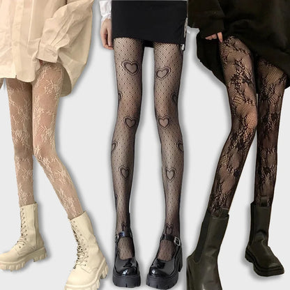 Gothic Women Lolita Leggings Hollowed Out Mesh retro Girls Stockings Japanese Bottomed Lace Pantyhose Floral Rattan Black Tights