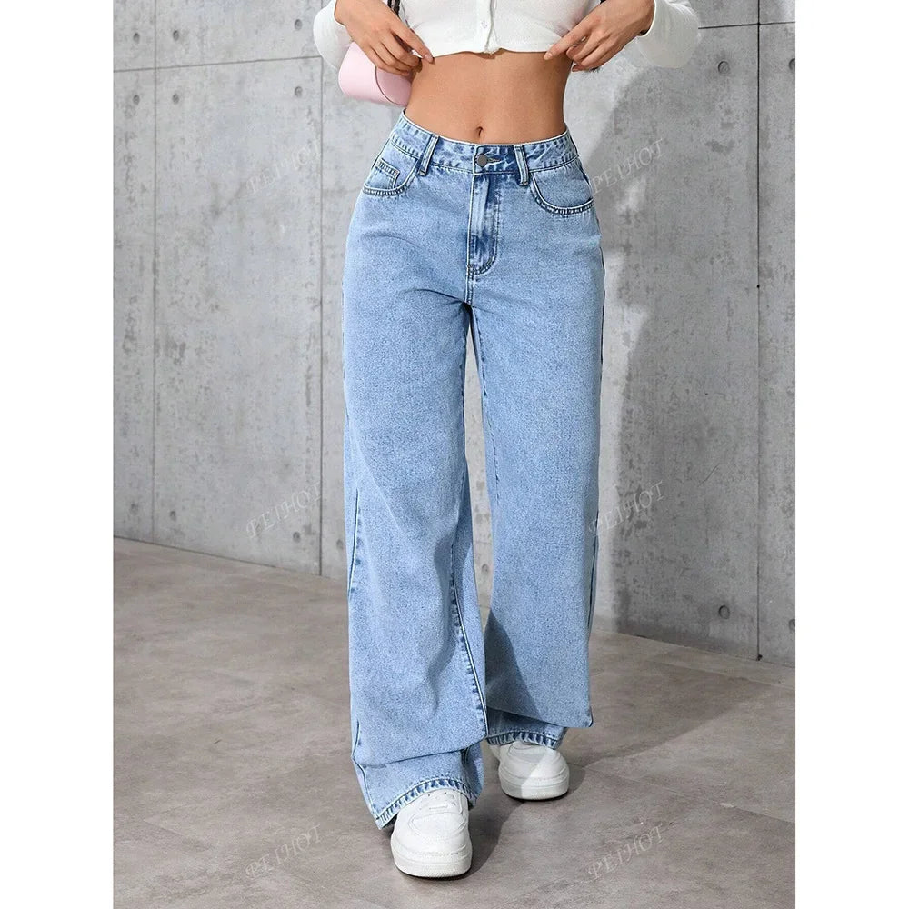 Fashionable Loose Women's Jeans High Waist Straight Leg Summer New Style Printed Trendy Cross-Border Denim Pants.