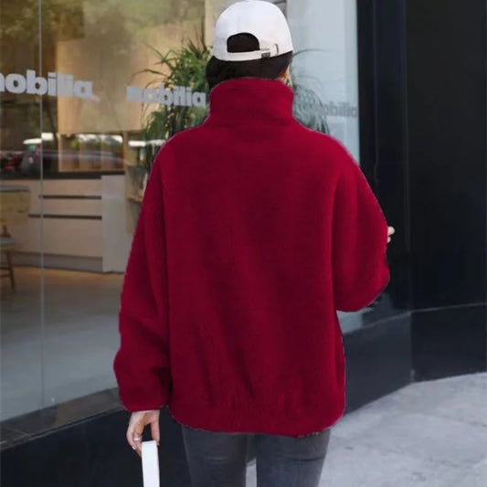 Frauen Winter Doppel Korallen Fleece Warme Mantel Stehkragen Plüsch Dicken Mantel Weibliche Mode Casual Langarm Zipper Kleidung