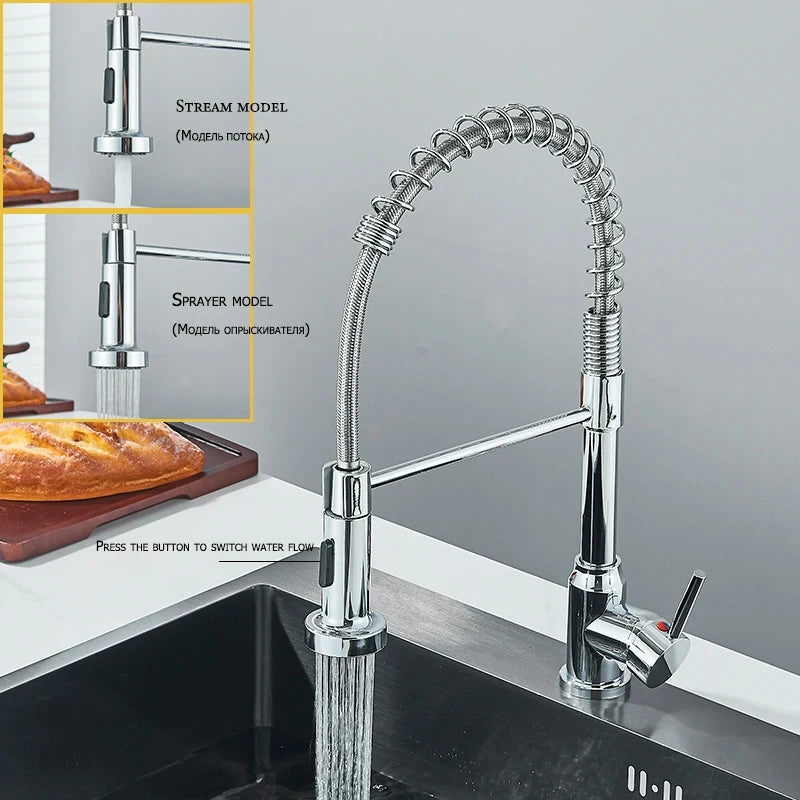 Spring Pull Down Kitchen Faucets Stream Spray Head Hot Cold Water Tap Stainless steel Rotation Kitchen Mixer Tap Crane