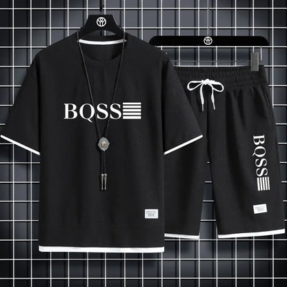 Summer fitness jogging loose sportwear set men's solid color short-sleeved casual T-shirt + shorts breathable two-piece set.