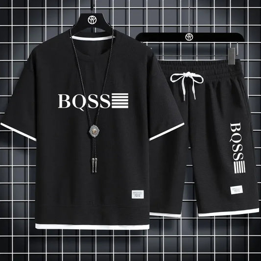 Summer fitness jogging loose sportwear set men's solid color short-sleeved casual T-shirt + shorts breathable two-piece set.