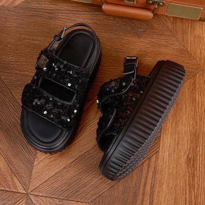 AUTUSPIN 6cm Women Flat Sandals Fashion Platform Ladies Shoes Bling Bling Sequined Cloth Female High Heels Chunky Rome Sandalias.