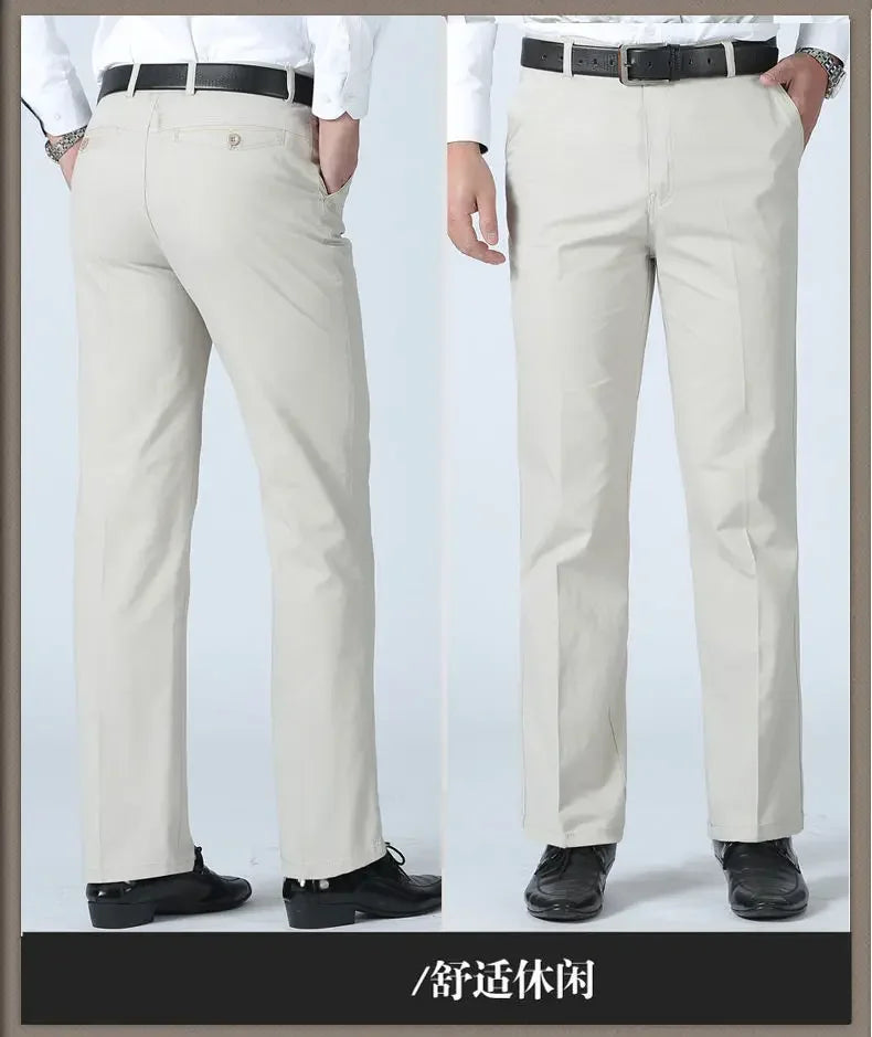 Smart Casual Pure Cotton Anti-Wrinkle High Waist Loose Baggy Straight Thicken Men Spring Autumn Solid Color Mid Casual Pants