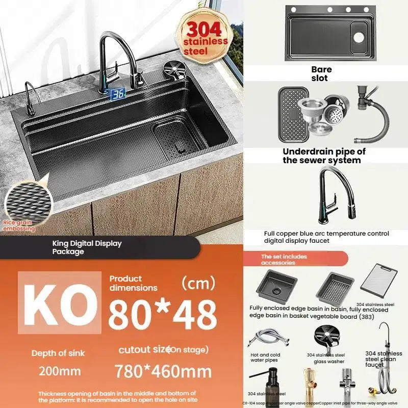 Gray 304 Stainless Steel Kitchen Sink Wash Dish Bowl Nano Embossing Large Single Slot Multifunctional Household Undermount Basin