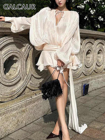 GALCAUR Solide Lose Splicd Lace Up Kleider Für Frauen V-ausschnitt Mit Langen Ärmeln Patchwork Rüschen Tunika Kleider Weibliche Mode Neue.