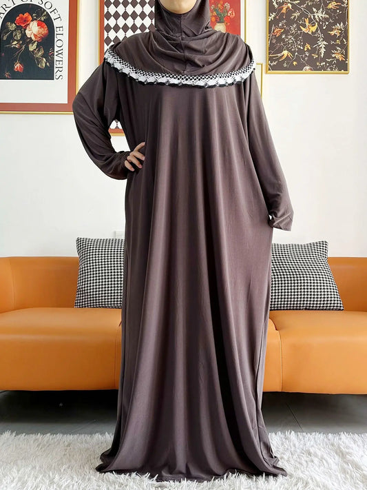 2023 Muslim Solid Cotton Abaya For Women Ramadan Prayer Garment Joint Hat Dubai Turkey Middle East Femme Robe Floral Loose Dress.