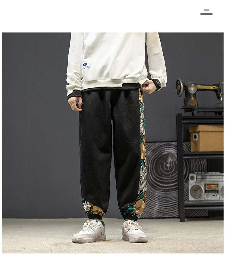 Fashion Casual Pants Men's Clothing Cotton Japanese Samurai Embroidery Patchwork Harem Trousers Oversized Harajuku Joggers Male.
