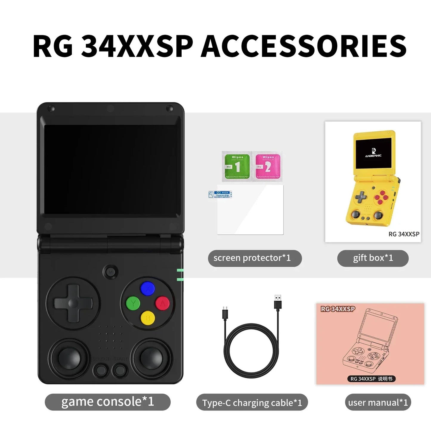 ANBERNIC RG34XXSP Flip Handheld Console 3.4'' IPS Screen Linux 64-bit 64G 5000+ Games Supports 5G WIFI HD-MI TV Output Streaming.