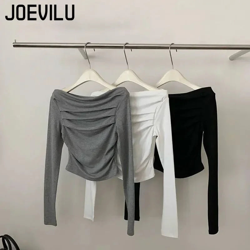 JOEVILU Pleated Off Shoulder Crop Tops Women's Slim Fit Long Sleeve T-shirt Korean Fashion Niche Base Shirt Aesthetic Clothes.