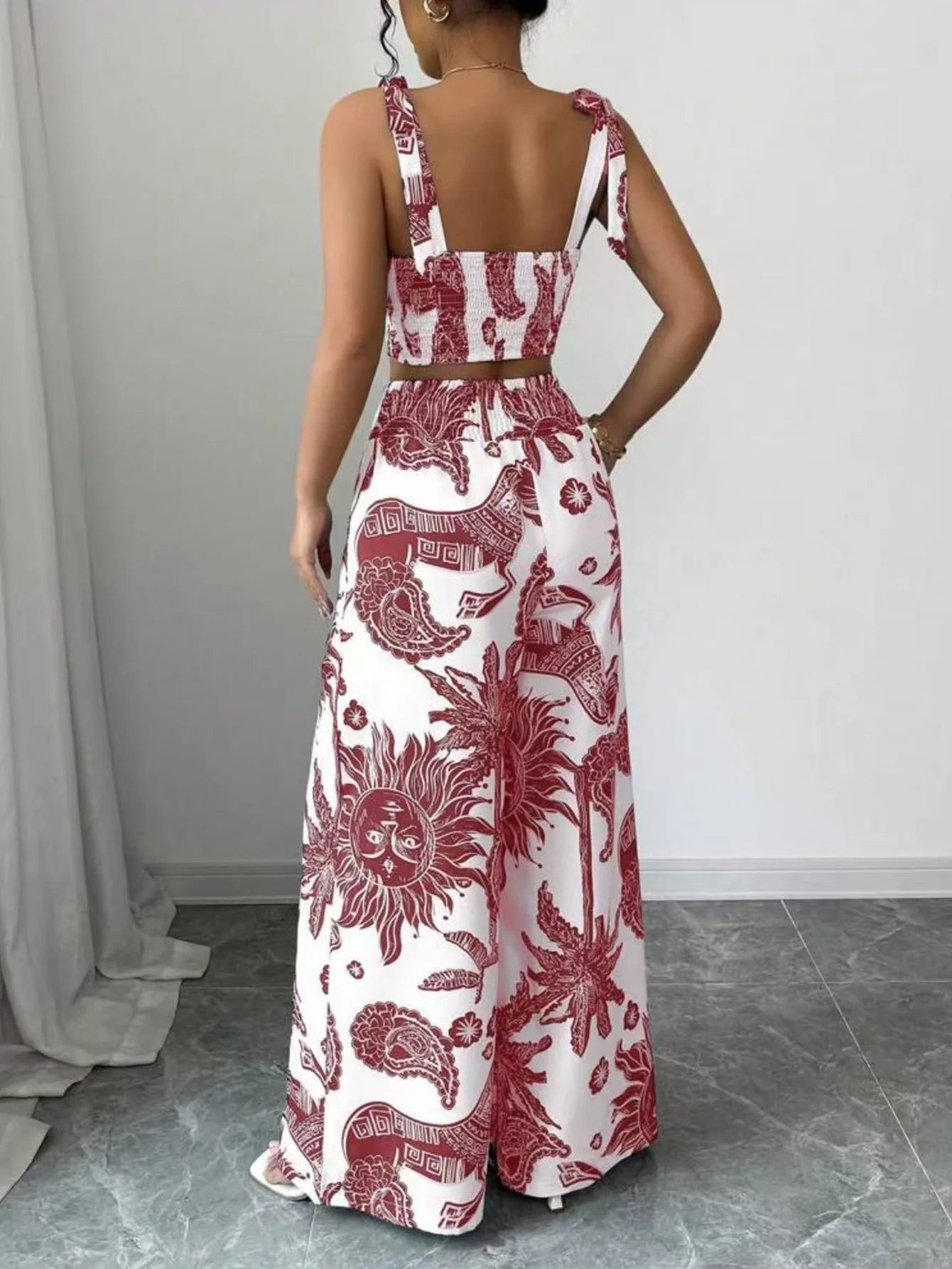 Two Piece Sets Women Pant Print Sling Tops High Waist Wide Leg Pants Drawstring Matching Sets Casual Backless Tops Summer 2025.