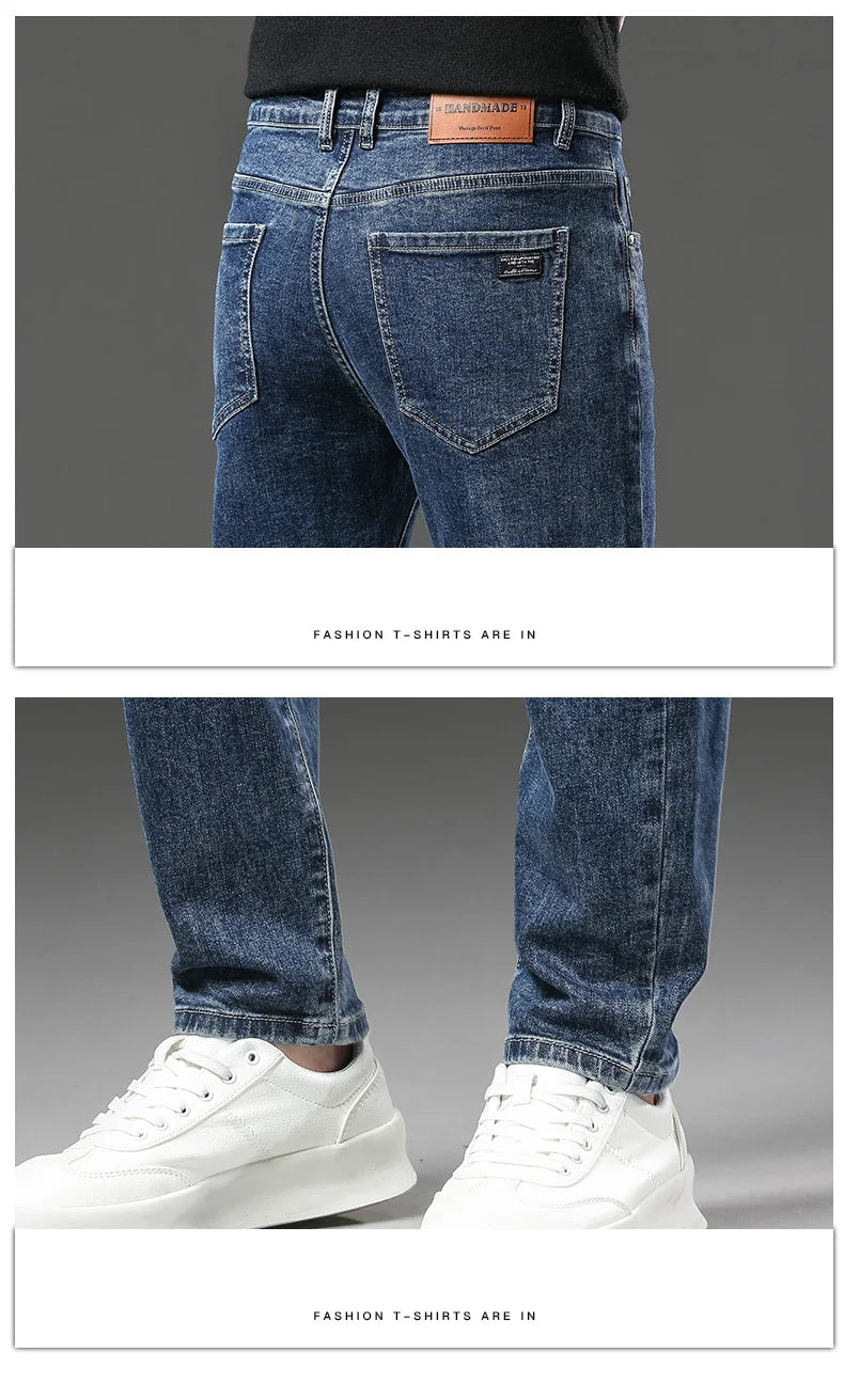Winter Fleece Thick Warm Jeans Men's Slim Straight Elastic Denim Pants Casual Male Clothing Fashion Plush Trousers.