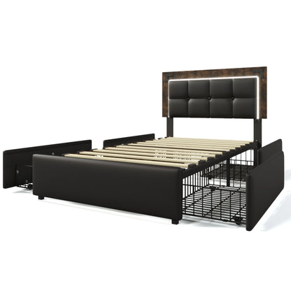 KOMHTOM Polsterbett PU - LED-Beleuchtungsleiste, 4 Schubladen, höhenverstellbares Kopfteil, ohne Matratze