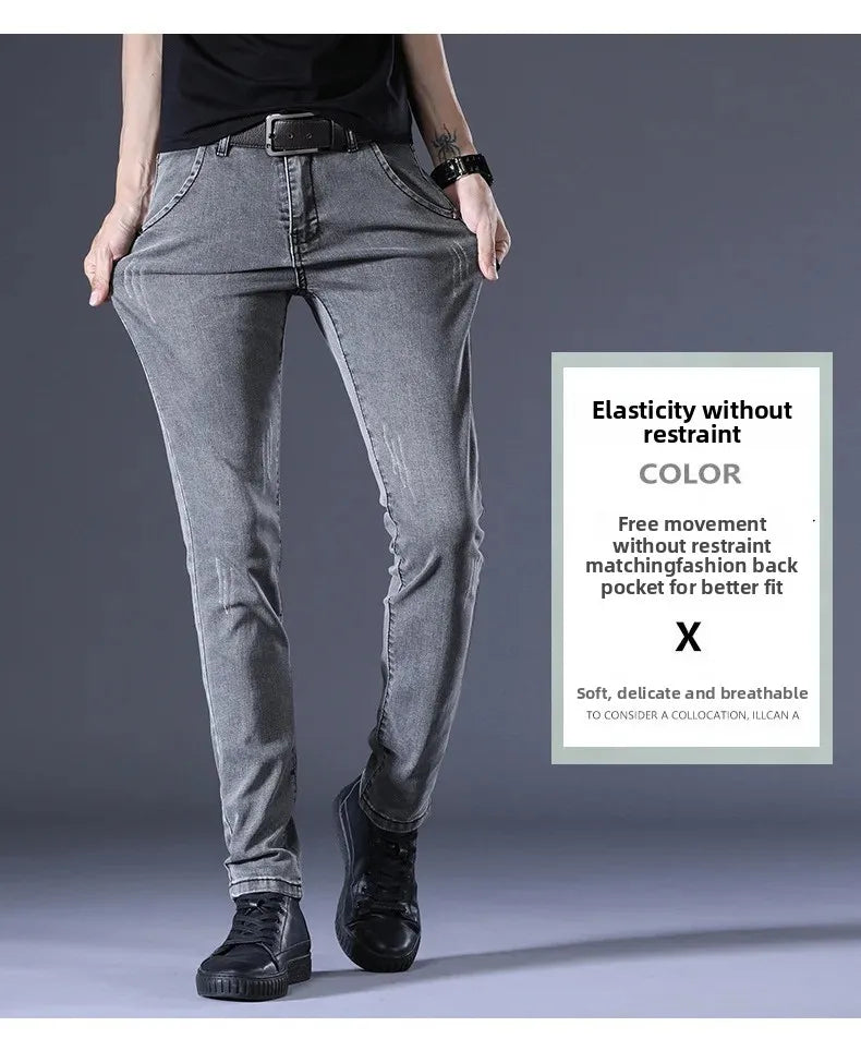 Slim Fit Men's Jeans Casual Elastic Korean Style Autumn Grey Trendy Long Pants Versatile Slim Legged Casual Trousers.