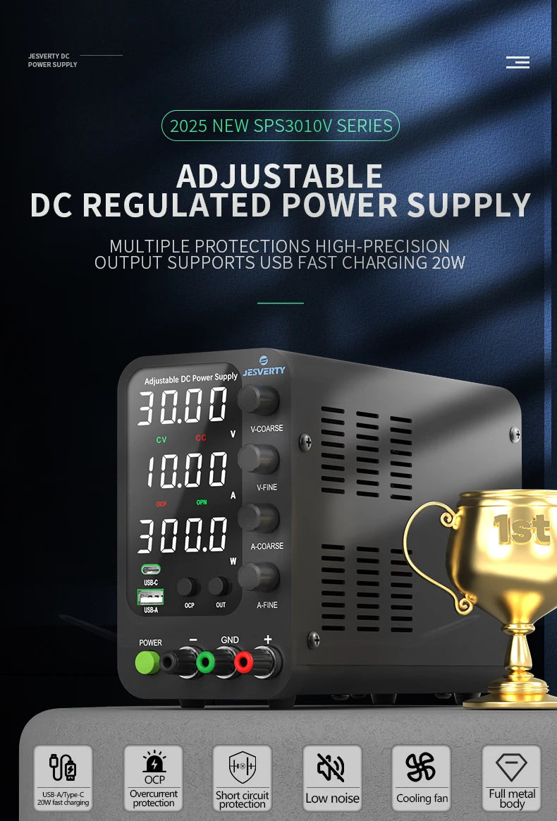 Jesverty DC Lab Power Supply 30V 60V 120V Bench Power Supply Encoder Regulate Voltage and Current Dual Input Voltage 220V/110V.