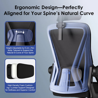 AUTHMIC Ergonomischer Bürostuhl – faltbare Armlehnen, verstellbare Rückenlehne, verstellbare Kopfstütze, verstellbare Lendenwirbelsäule, maximale Belastung 150 kg,