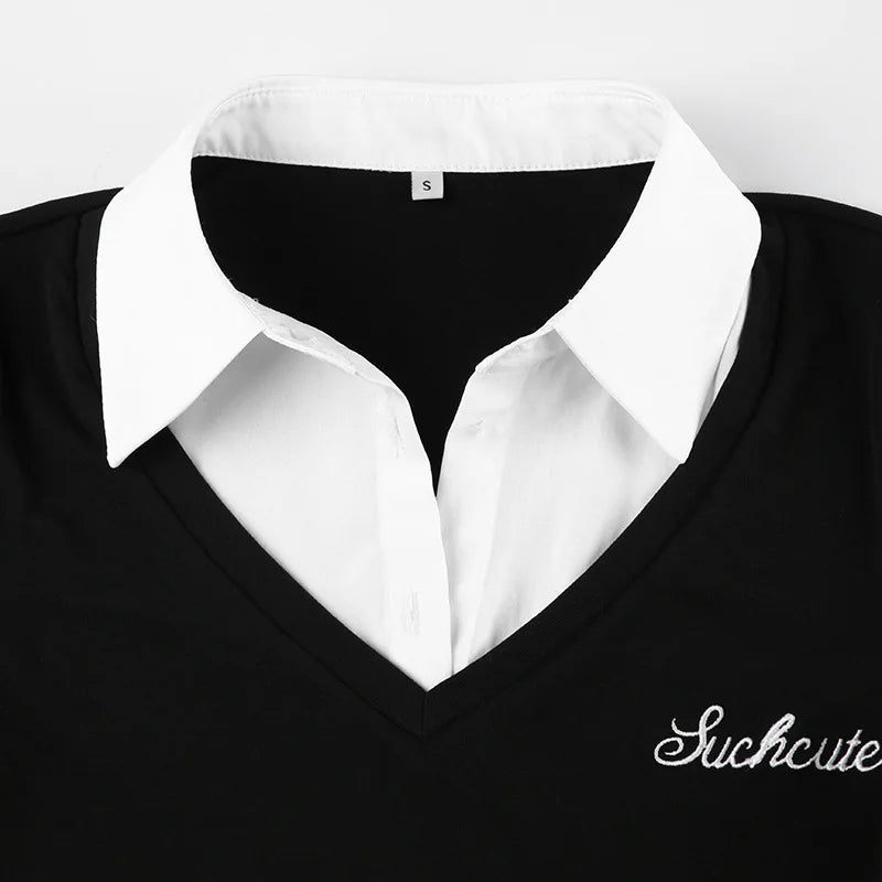 Fashionable and minimalist college style contrasting color lapel fake two piece T-shirt versatile short sleeved top