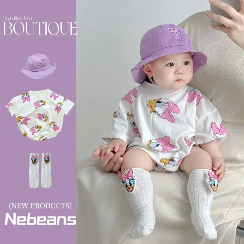 Baby Mädchen Bodys Jungen Neugeborenen Socken Hut 3PCS Kleidung Set Kurzarm Cartoon Daisy Donald Duck Infant Bodys K594-2.