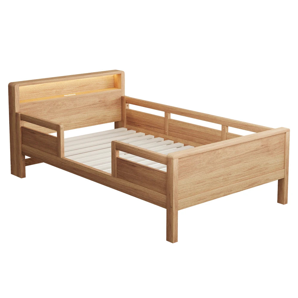 Multifunktions-Holzbett, USB- und Tape-C-Kombinationssteckdose, kleines LED-Licht, Kopfteil mit Einlagerfunktion, Einzelbett