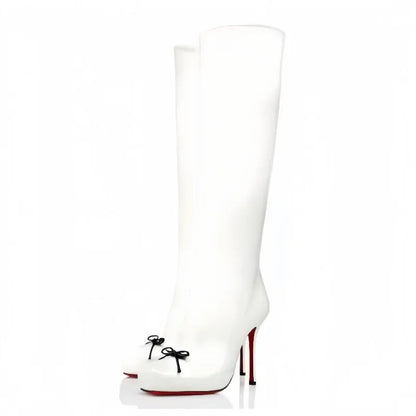 European and American Fashion Niche High-heeled Square Toe Side Zipper Knee High Bow Boots Women's Versatile Banquet Shoes.