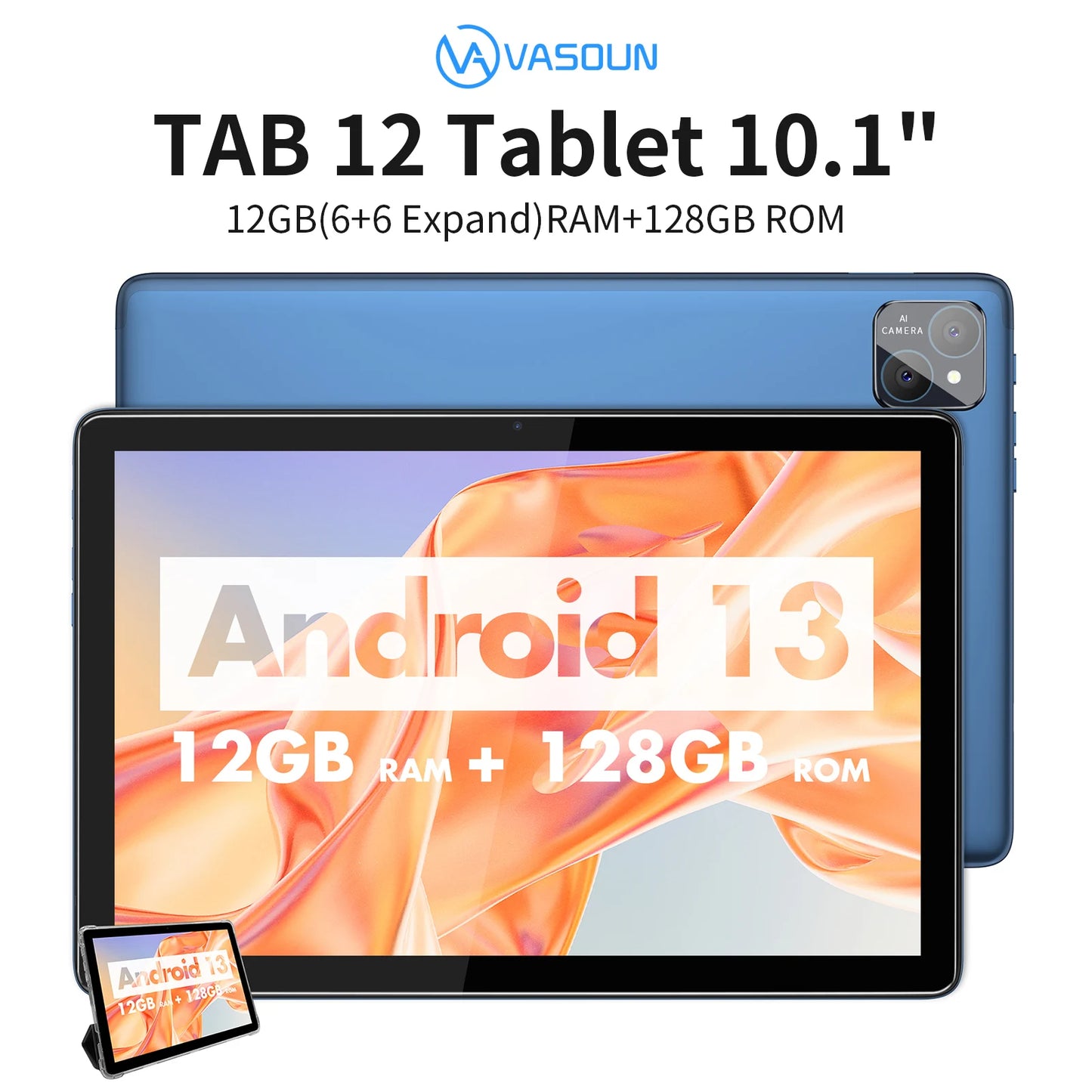 VASOUN Android 14 Tablet 10.1", 12GB(6+6 Expand) RAM, 128GB ROM, Octa Core, Dual SIM 4G Unlocked With 2.4G/5G WiFi GPS.