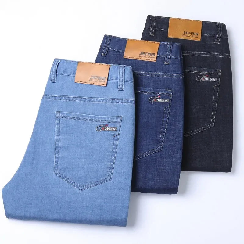 New Ice Silk Thin Denim Jeans For Men Blue Straight Stretch Cotton Pants Business Casual Lightweight Trousers Spring Summer.