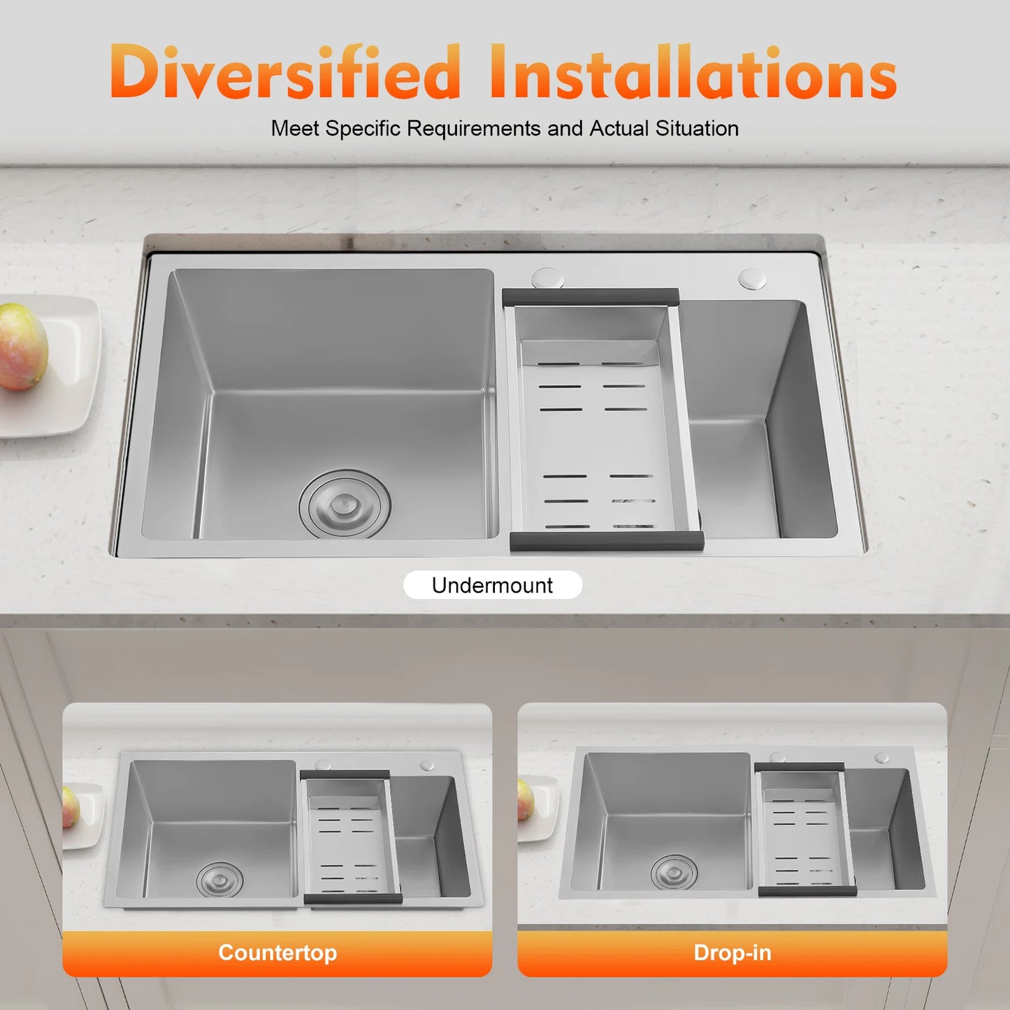 Rechteckiges Unterbau-/Topmount-Waschbecken mit schalldichten Pads, Doppelschüssel-Küchenspüle aus Edelstahl, Badezimmerwaschbecken ﻿