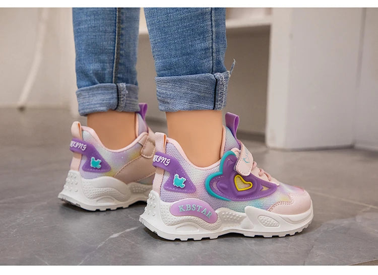 Girls Sports Shoes Kids Running Shoes Pink Breathable Air Mesh Heart Sweet Sneakers Cute Hook & Loop Children's Casual  Shoes