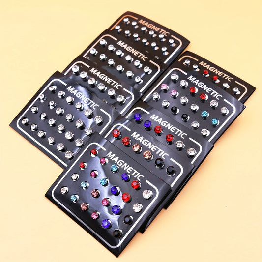 12 Pair(24pcs)/lot 3/4/5/6/7mm Round Crystal Rhinestone Magnet Stud Earring Punk Womens Mens Magnetic Fake Ear Plug Jewelry.
