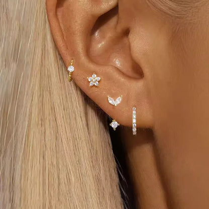 4PCS Fashion Zircon Round Hoop Earring Set Women Temperament Flower Ear Stud Huggie Earring Tragus Piercing Cartilage Jewelry.