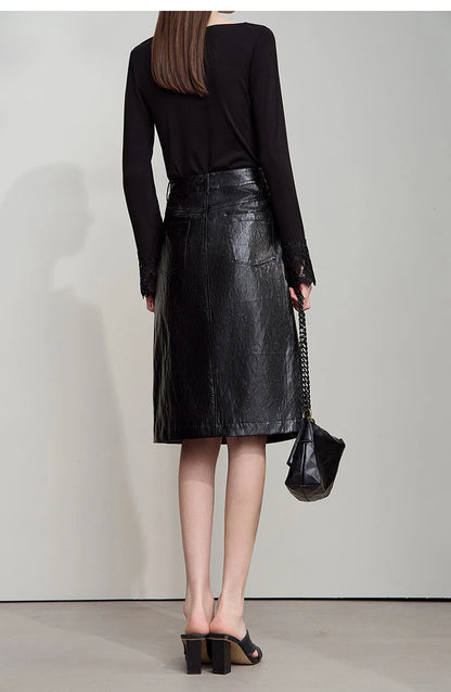 AMII Minimalist PU Leather Skirt For Women 2025 American Retro Knee-Length Skirt Solid Basics Business Women's Clothing 12553014