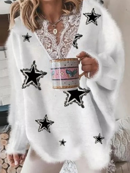 Women's V Neck Long Sleeve Sweater Casual Loose Fit Pullover Sexy Zipper Warm Knit Printed 2024 Fashion Trend for Women.