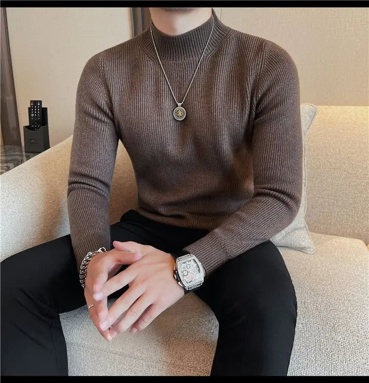 Half Turtleneck Sweater Men with Striped Wool in Autumn Winter Thickened Slightly Loose Base Knitted.