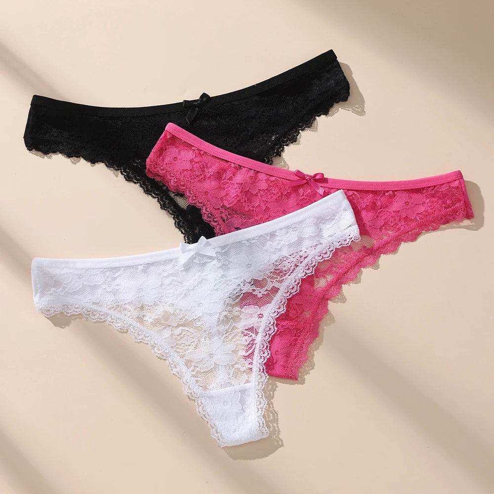 3Pcs Sexy Lace Thong Panties Women Hollow Floral Embroidery Underwear Low Waist Breathable Transparent Lingerie Briefs.