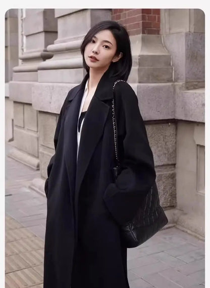 Mode Schwarz Lange Woolen Mantel Mit Gürtel Frauen Lose Revers Mantel Herbst Winter Warme Dame Oberbekleidung High Street.