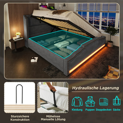 KOMHTOM Doppelbett Samt, Hydraulischer Stauraum, LED-Beleuchtung, USB-C-Ladeanschluss, ohne Matratze