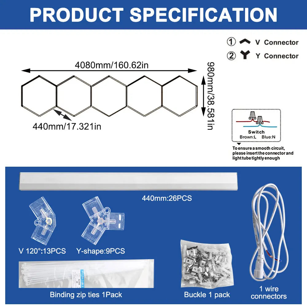 High brightness honeycomb hexagonal garage LED light 6500K suitable for garages, 4S workshops, car beauty shops, gyms.